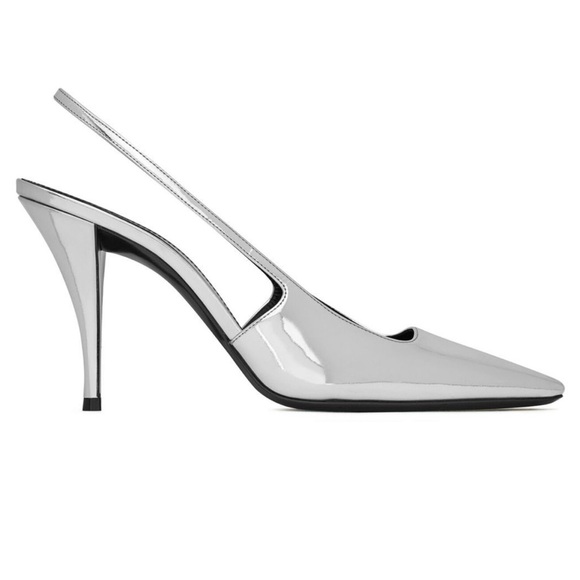SAINT LAURENT 
silver leather almond toe 
 slingback strap 90mm heel - Picture 4 of 7
